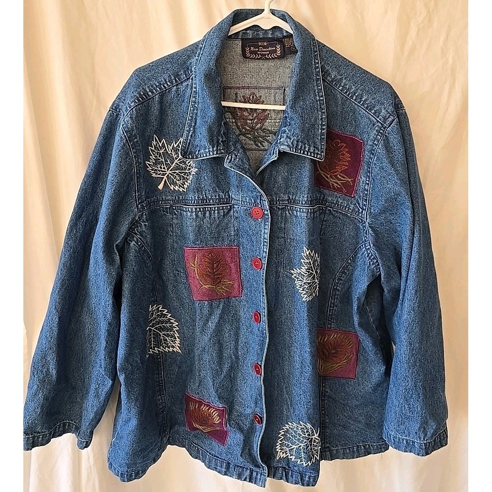 New Direction Woman Embroidered Jean Shacket Denim Collared W/fall Leaves Sz 1X
